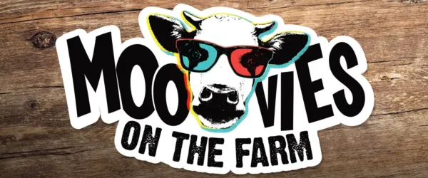 Sticker with a cow wearing 3D movie glasses. The sticker says "Moovies on the farm"