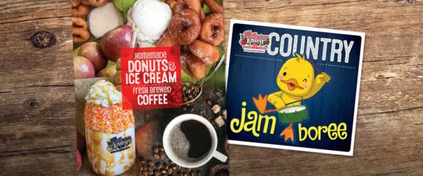Patterson farm signage detailing donuts, ice cream, coffee, and their country jam boree