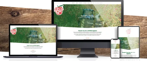 Desktop, laptop, tablet, and phone showing Perry Lowe Orchards Tasters Choice screen.